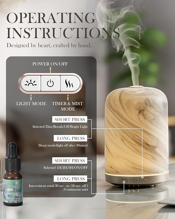 Onaboviva Essential Oil Diffuser - 2.4MHz Ultrasonic Ceramic Diffuser for Home, 120ml, Pulse&Continuous Mist, Bright/Dim/Breathing Lighting, Waterless Auto-Off, Aromatherapy Diffuser with USB Cable