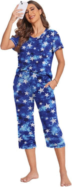 Ekouaer Women's Sleepwear Capri Pajama Sets Short Sleeve Two-Piece Pjs V Neck Tops & Capri Pants with Pockets S-3XL