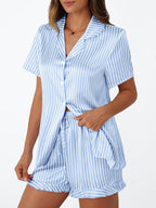 LILLUSORY Womens Satin Silk Pajamas Set 2 Piece Ruffle Pjs Winter Matching Lounge Sleepwear Button Down Striped Shirt Shorts