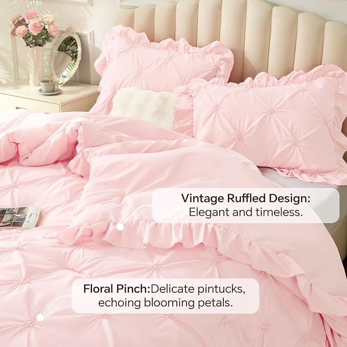 BEDELITE Baby Pink Comforter Set Queen - 3 Pieces Boho Ruffle Pintuck Bedding Comforter Sets, Lightweight Soft & Warm Bed Comforter with 2 Pillowcases for Spring,Valentines Day Gift