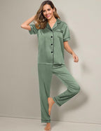 SWOMOG Women Satin Pajamas Set Short Sleeve Top & Pants Sleepwear Silky Button Down Nightwear 2pcs Loungewear Pjs Set