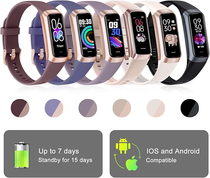 Fitness Tracker, Activity Trackers with 24/7 Heart Rate, Blood Oxygen Blood Pressure Sleep Monitor, Step Counter with 1.1" AMOLED Touch Color Screen, Calorie Pedometer Health Smart Watch for Women Men