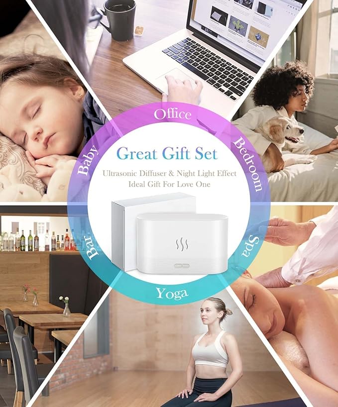 Aegci Essential Oil Diffuser Humidifer with Flame Light Effect, 180ml Air Diffuser for Essential Oils, Humidifiers for Bedroom with 2 Brightness, Auto-Off Function(White)