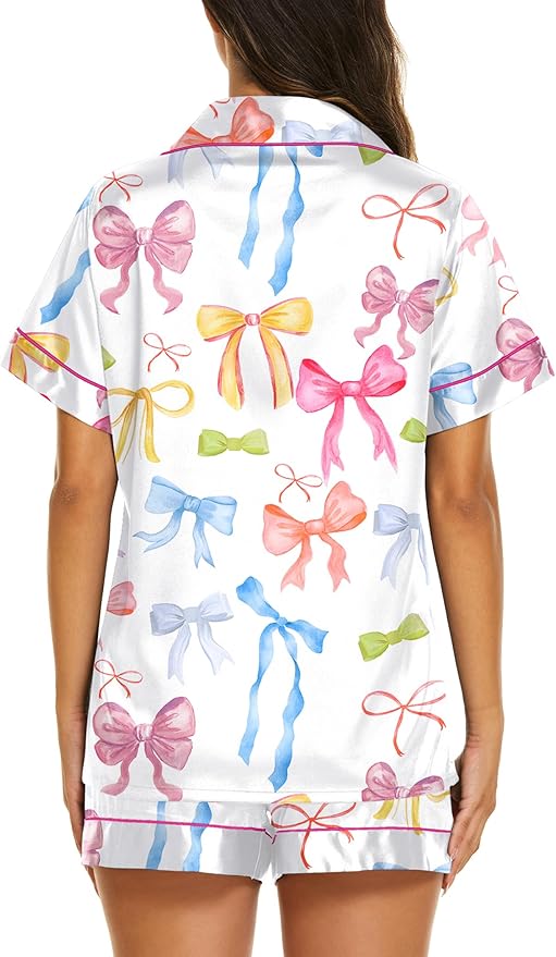 Ekouaer Silk Pajamas for Women Short Sleeve Sleepwear Soft Button Down Loungewear 2 Piece Satin Pjs Shorts Set
