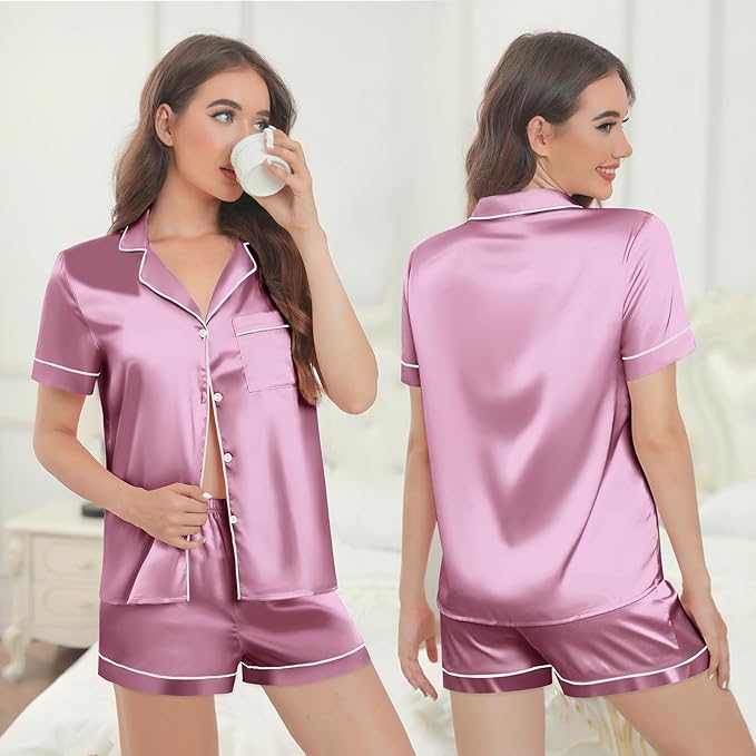 Silk Pajamas for Women Satin Womens PJ Set 2 Piece Short Lounge Set Summer Sleepwear Notch Collar Button-Down Pjs