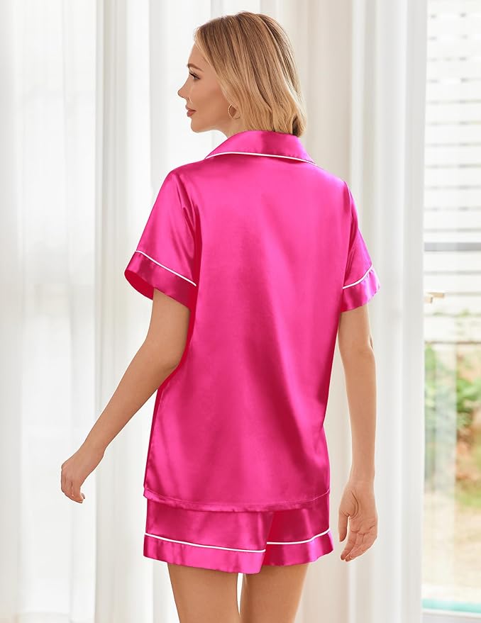 Ekouaer Womens Silk Satin Pajama Sets Soft Short Sleeve Button Down Sleepwear Top and Shorts 2 Piece Pjs Lounge Set
