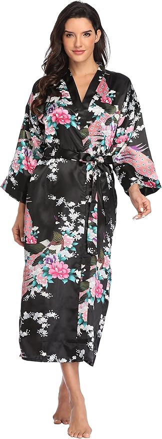 Valennia Women Long Silky Bathrobe Satin Kimono Robe Floral Printed Dressing Gown Sleepwear