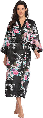 Valennia Women Long Silky Bathrobe Satin Kimono Robe Floral Printed Dressing Gown Sleepwear
