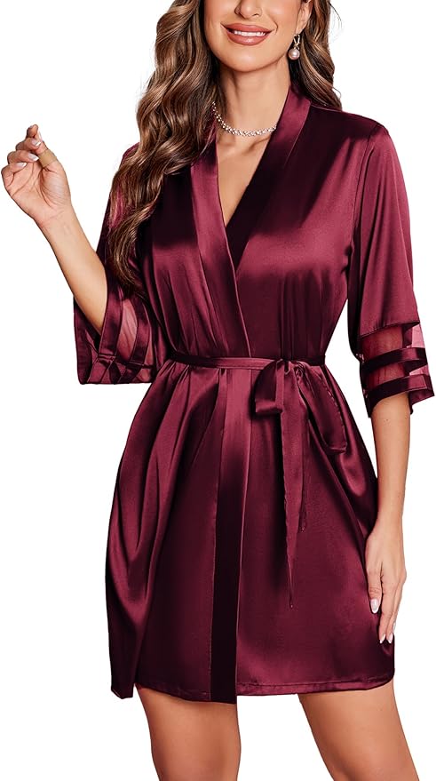 Ekouaer Women's Satin Robe Silk Kimono Bathrobe Bridesmaid Wedding Bridal Party Robes 3/4 Bell Sleeve Sleepwear S-XXL