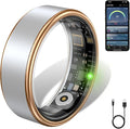 Smart Ring for Women & Men - IP68 Waterproof Fitness Tracker with Long Lasting Batteries, 28-Language App, Sleep/Step/Heart Rate Monitor, Compatible with iOS & Android (Gold & Silver, 9)