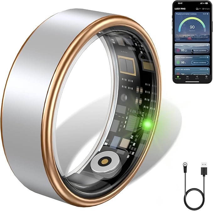 Smart Ring for Women & Men - IP68 Waterproof Fitness Tracker with Long Lasting Batteries, 28-Language App, Sleep/Step/Heart Rate Monitor, Compatible with iOS & Android (Gold & Silver, 9)