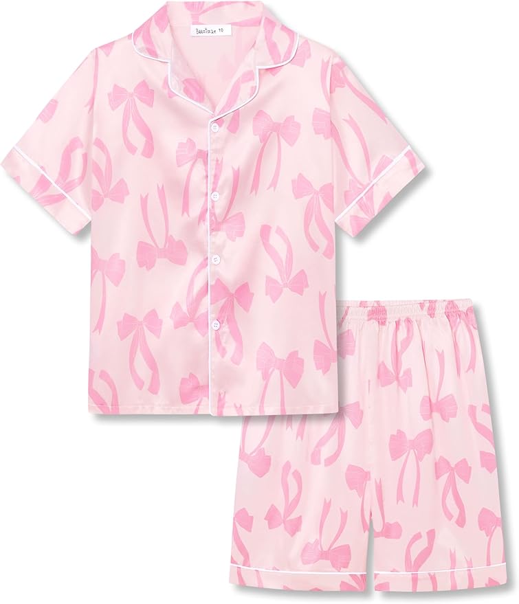 Beezizac Little & Big Girls Satin Silky Button Pajama Summer Short Sleeves Set Trendy Outfit Kid Size 6-16