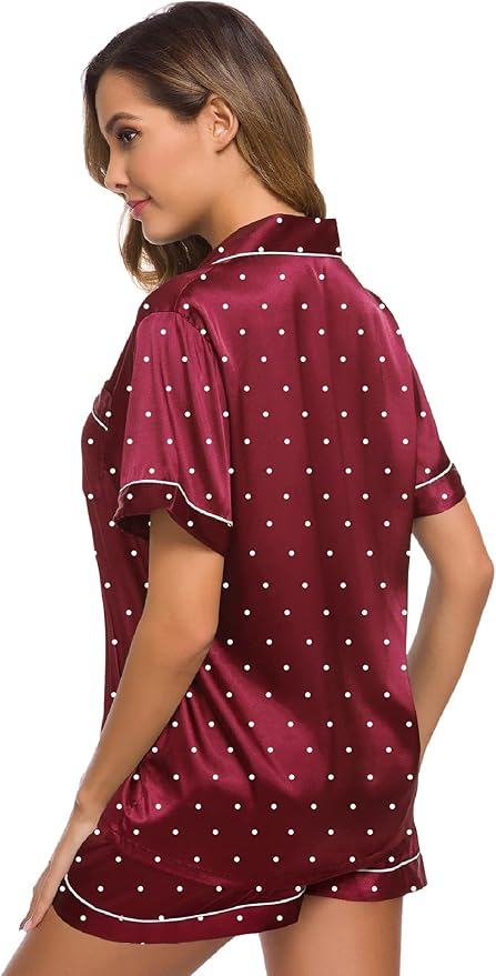 SWOMOG Womens Silk Satin Pajamas Set Short Sleeve Sleepwear Button Down Top and Shorts Loungewear 2 Piece Pjs Set XS-3XL