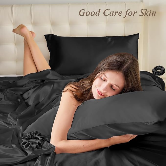 Vielit Standard Satin Pillowcase for Hair 2pc,Similar to Silk Pillow Cases,Easier Care Than Silk Pillowcase,Gifts for Women Men,Black,20x26 & Envelope Closure and 2 Satin Scrunchies