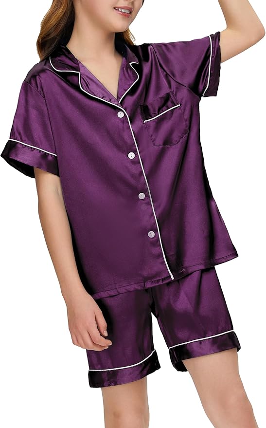 EPLAZA Kids Satin Pajamas Sets Girls Boys Button-Down Silky Pajamas Sleepwear with Hairband Eye Mask Hair Tie
