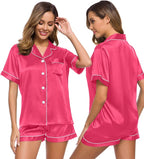 SWOMOG Womens Silk Satin Pajamas Set Short Sleeve Sleepwear Button Down Top and Shorts Loungewear 2 Piece Pjs Set XS-3XL