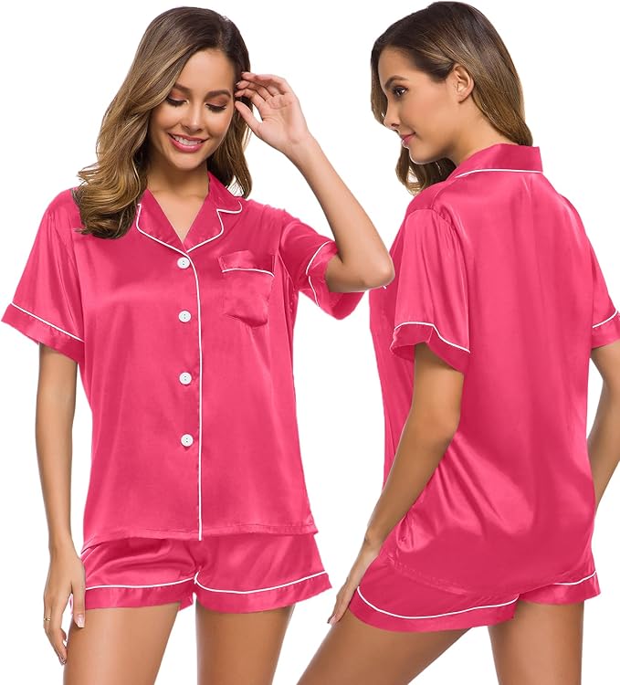 SWOMOG Womens Silk Satin Pajamas Set Short Sleeve Sleepwear Button Down Top and Shorts Loungewear 2 Piece Pjs Set XS-3XL