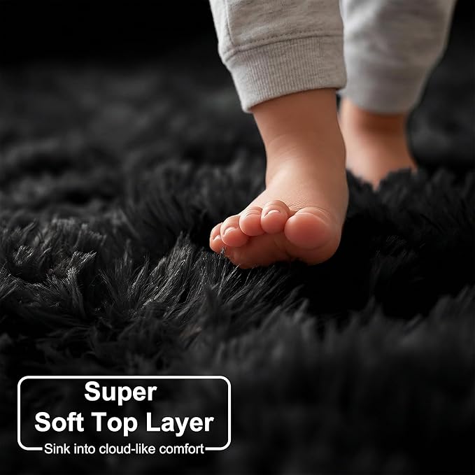 Amdrebio Black Area Rugs for Bedroom, 5x8, Large Fluffy Rug for Living Room Decor, Modern Cool Rugs for Kids, Boys, Men, Furry Shaggy Carpets for Classroom, Fuzzy Plush Gothic Carpet for Home Office
