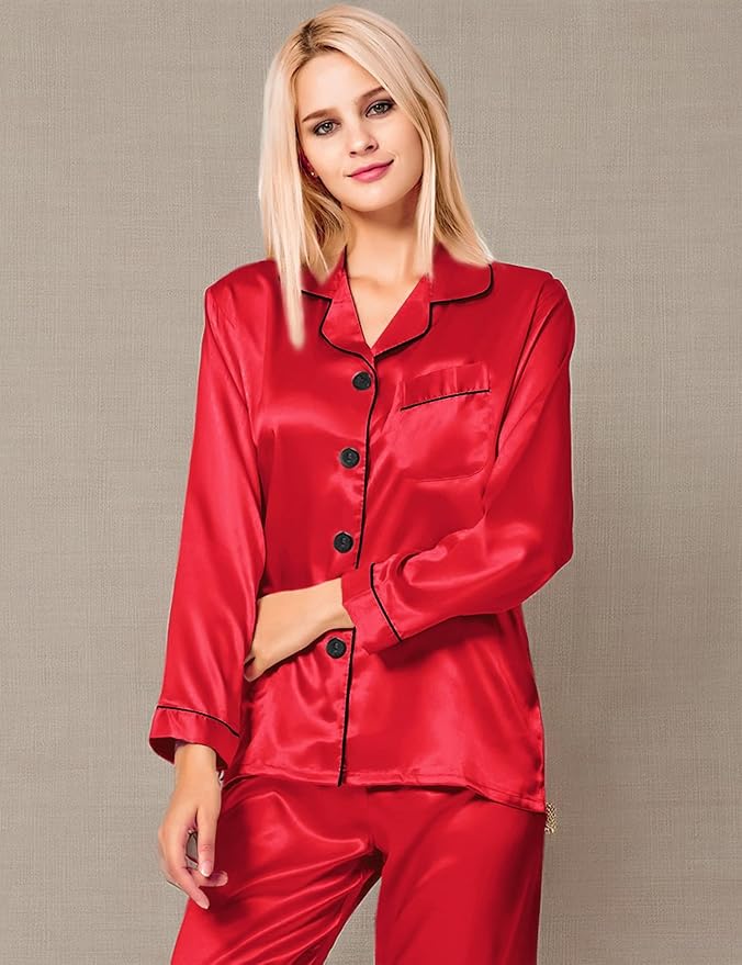 SWOMOG Womens Silk Satin Pajamas Set Long Sleeve Button Down Sleepwear 2 Piece Lounge Set Pj Set XS-3XL