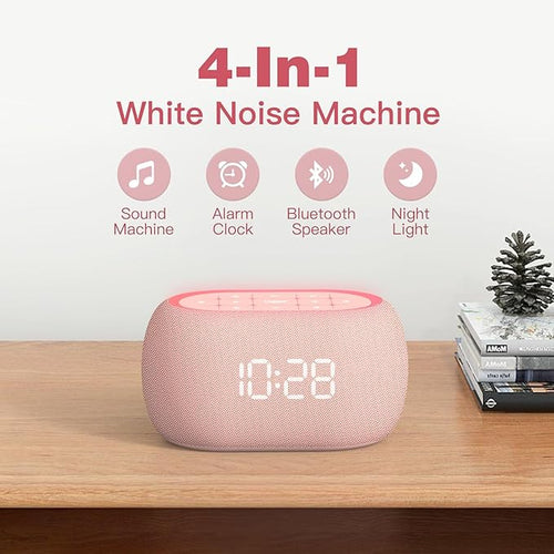 ANJANK White Noise Sound Machine Alarm Clock with Bluetooth Speaker, Hi-Fi Stereo Sound, 21 Soothing Sounds/7 Night Lights, 0-100% Dimmer/Sleep Timer, Soother for Teens Kids Girls, Bedroom, Pink