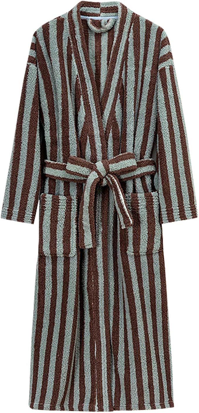 Oplxuo Women's Fuzzy Fleece Robe Long Striped Plush Bathrobe Warm Thick Fluffy Oversized Loungewear Maxi Robes with Pockets