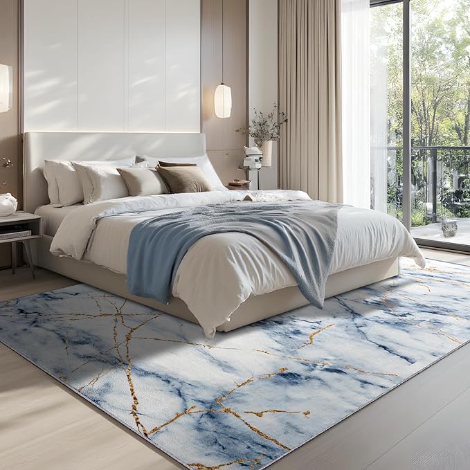 CRYPTOLITE Area Rugs 9x12 Rug for Living Room Abstract Washable Rug with Non-Slip Backing Low Pile Area Rugs for Bedroom, Dining Room, Blue