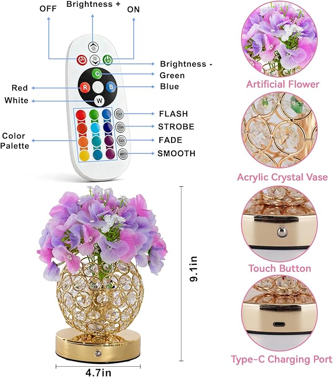 VEEKI Hydrangea Flower Lamp with Remote, Rechargeable 16 Colors Changing Artificial Flower Table Lamp with 4 Modes, Dimmable Touch Cordless Lamp for Bedroom Room Home Decor, Gift for Mom Women (Pink)