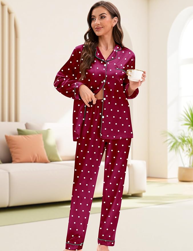 EPLAZA Silk Pajamas for Women Satin Pajamas Set 5 Pcs Long Sleeve Print Pattern Button Down Pjs Sleepwear Loungewear Set