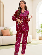 EPLAZA Silk Pajamas for Women Satin Pajamas Set 5 Pcs Long Sleeve Print Pattern Button Down Pjs Sleepwear Loungewear Set