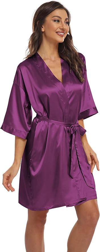 Women's Pure Short Kimono Robes Bride Bridesmaids Silky Bathrobe Lightweight Satin Sleepwear