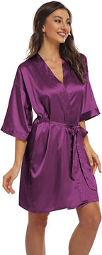 Women's Pure Short Kimono Robes Bride Bridesmaids Silky Bathrobe Lightweight Satin Sleepwear