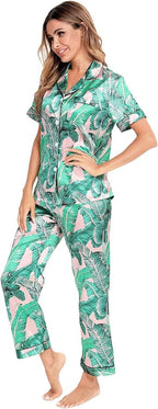 SWOMOG Women Satin Pajamas Set Short Sleeve Top & Pants Sleepwear Silky Button Down Nightwear 2pcs Loungewear Pjs Set