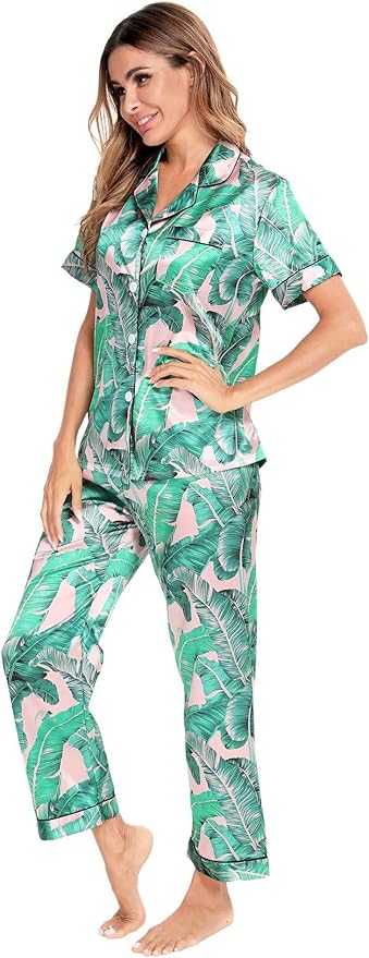 SWOMOG Women Satin Pajamas Set Short Sleeve Top & Pants Sleepwear Silky Button Down Nightwear 2pcs Loungewear Pjs Set