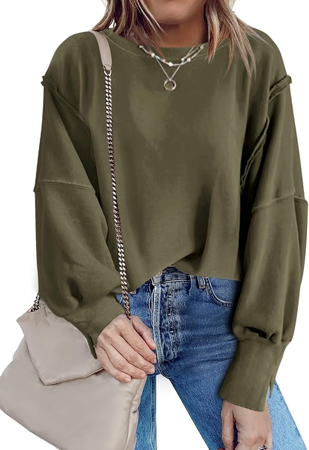 Nirovien Womens Oversized Crewneck Sweatshirt Side Slit Long Sleeve Pullover Slouchy Fit Tops