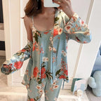 3 Piece Floral Pajama Set for Women Silk Satin Printed Cami Tops and Pants Set with Robe Sleepwear Loungewear Pj Sets