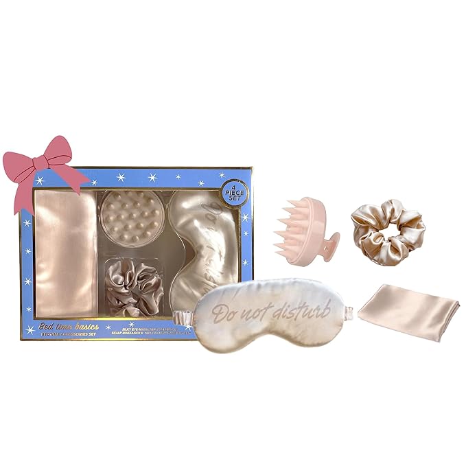 Holler And Glow Bedtime Basics Accessories Valentine's Day Set, Limited Edition, Sleep Eye Mask, Silk Scrunchie, Hair Growth Scalp Massager, Satin Pillowcase, Beauty Sleep For Women, 4 Piece Gift Set