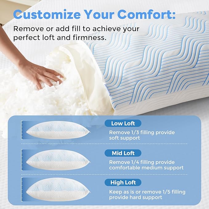 Cooling Bed Pillows for Sleeping 2 Pack Shredded Memory Foam Pillows Standard Size Set of 2 Adjustable Supportive Pillow for Back Stomach Side Sleepers Washable Removable Cover