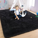 YJ.GWL Area Rugs for Living Room Bedroom, 8x10 Machine Washable Large Black Carpet, Soft Fluffy Shaggy Thick Big Shag Indoor Floor Rug for Kids Boy and Girls Room Dorm Home Decor Aesthetic