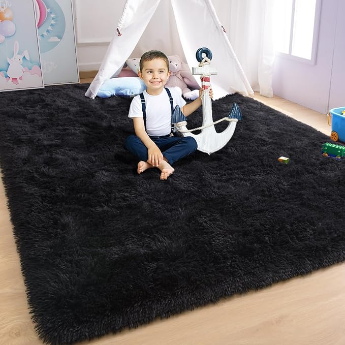 YJ.GWL Area Rugs for Living Room Bedroom, 8x10 Machine Washable Large Black Carpet, Soft Fluffy Shaggy Thick Big Shag Indoor Floor Rug for Kids Boy and Girls Room Dorm Home Decor Aesthetic