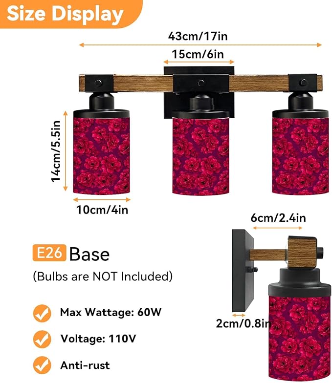 Vanity Lights for Bathroom Wall Lights for Bedroom Living Room Vibrant Red Peony Floral Deep Magenta Modern Bathroom Light Fixtures Wall Sconces 3 Light Home Decor