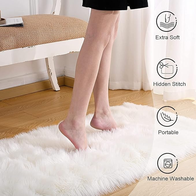 Fluffy White Faux Fur Rug Runner 2x6 ft, Soft Faux Sheepskin Rug White Furry Carpet for Living Room Bedroom Luxury Room Decor, Washable Plush Runners for Bedside Nursery Playroom Fur Carpet