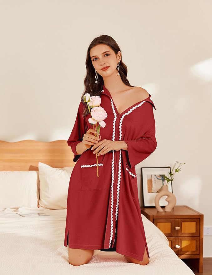 Ekouaer Women Zipper Robe Lightweight House Coat Zipper Front Short Bathrobes Soft Nightgown with Pockets S-3XL