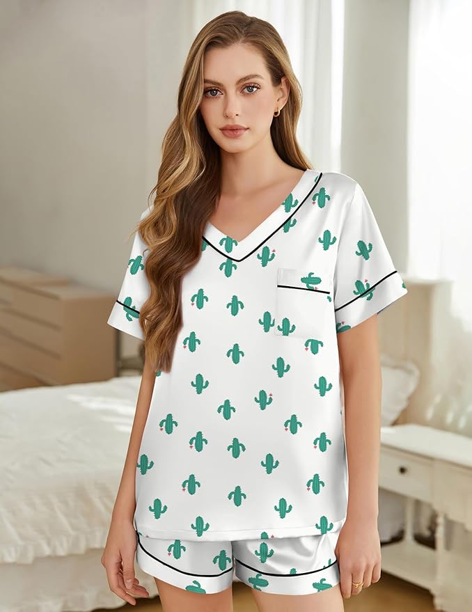 Silk Pajamas for Women Short Sleeve Satin 2 Piece Pj Set Soft V Neck Sleepwear Loungewear, S-XXL