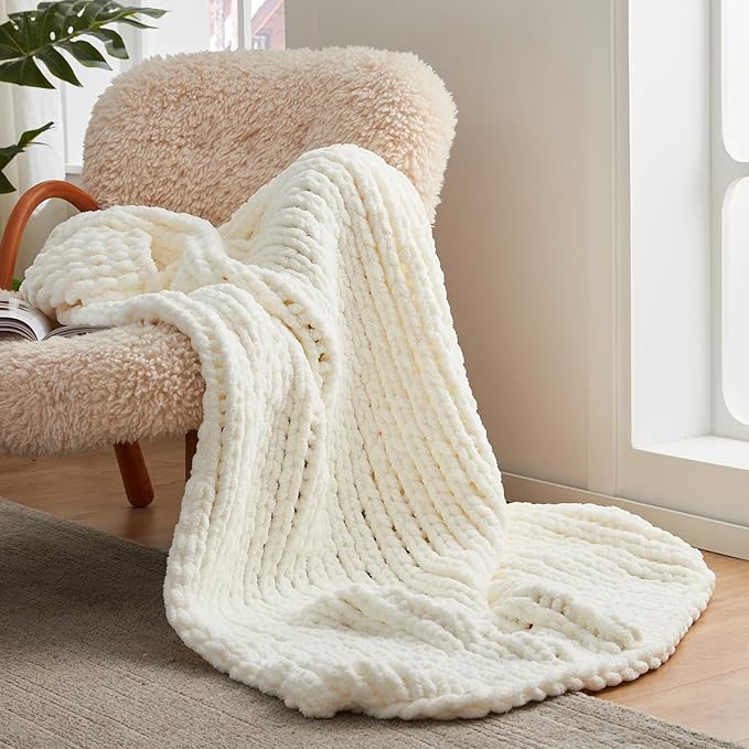 Amélie Home Chunky Knit Throw Blanket for Couch, Soft Chenille Handmade Crochet Throw Rope Knot Blanket for Couch, 50"x60", Ivory