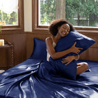 CozyLux Satin Sheets Queen Size Bed Set - 6 Piece Silky Queen Sheet Set, Luxury Navy Blue Queen Sheets with Smooth and Soft Microfiber, Includes 1 Fitted Sheet, 1 Flat Sheet and 4 Pillowcases