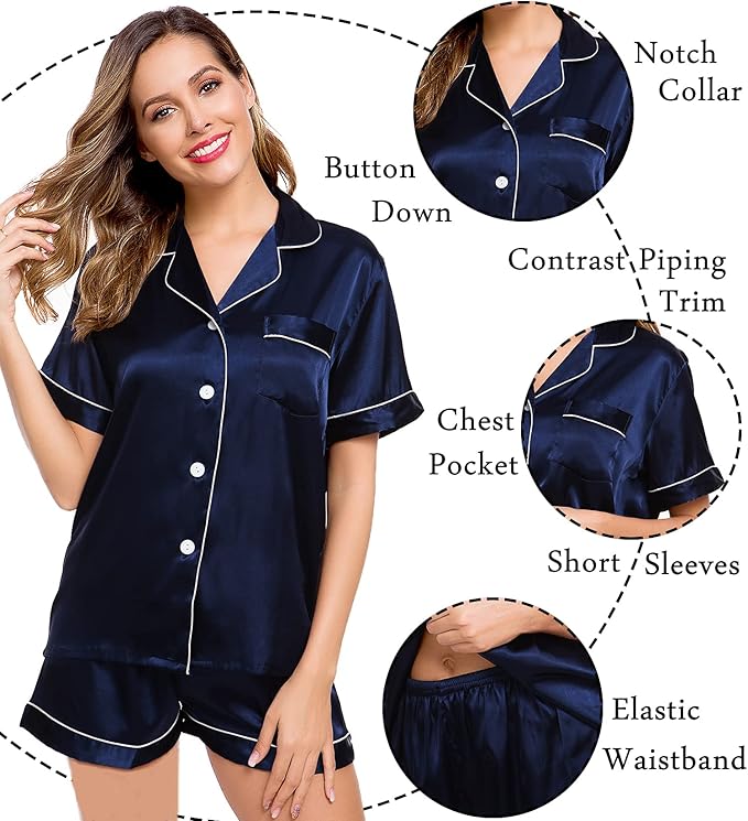 LecGee Womens Silk Satin Pajamas Short Sleeve Loungewear Two-Piece Sleepwear Button-Down Pj Set