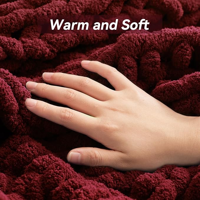 Negwoo Chunky Knit Throw Blanket, 40''*50'' Knitted Throw Chenille Yarn for Bed Couch, Handmade Red Crochet Big Thick Blanket, Machine Washable Cute Comfy Blanket for Home Decor