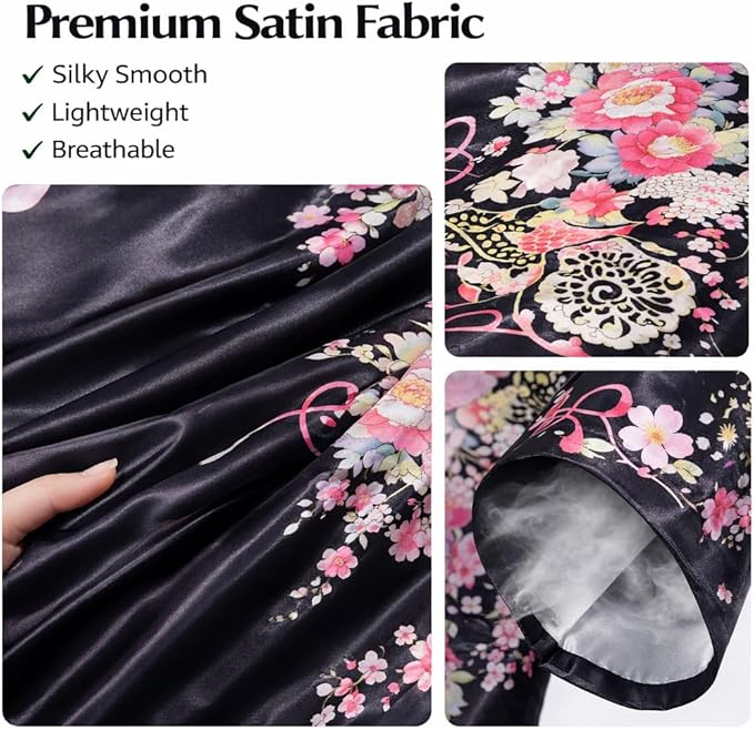Kimonos for Women Japanese Style Satin Kimono Robe with Bow Belt Fan Hair Accessory and Tabi Socks