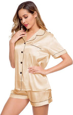 LecGee Womens Silk Satin Pajamas Short Sleeve Loungewear Two-Piece Sleepwear Button-Down Pj Set