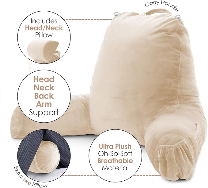 Clara Clark Reading Pillow with Shredded Memory Foam Includes 2 Neck and Lumber Support Pillows, Designed for Sitting Up in Bed and Couch, Back and Arms Adjustable Support for Adults Beige Cream